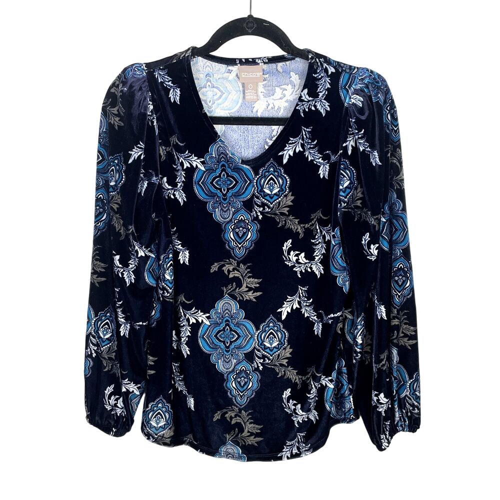 Chicos Bicolor Medallion Velvet Long Puff Sleeve Top Size S Navy Blue V Neck